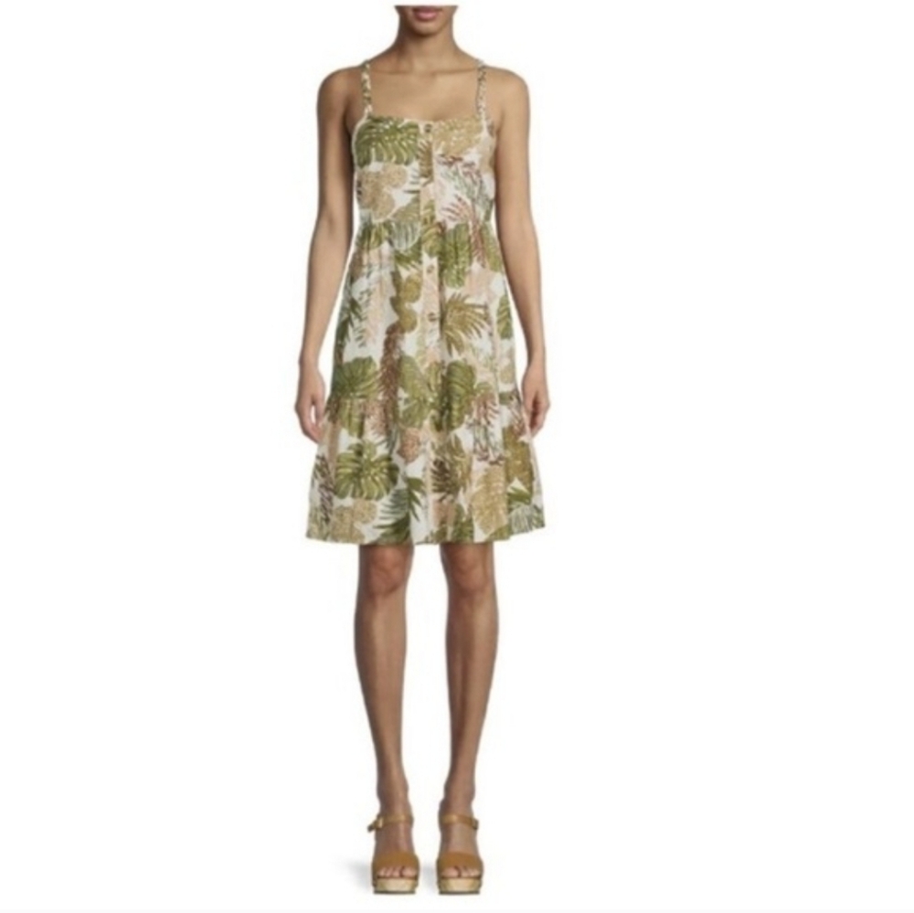 BeachLunchLounge Collection Tropical Leaf Button Front Dress Braided Strap L
